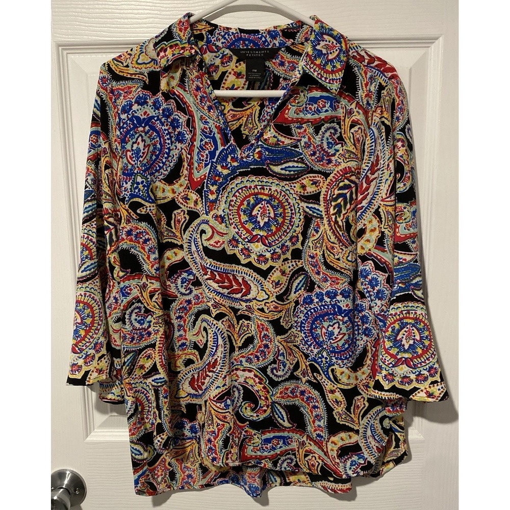 Investments Petites Women's PM Multicolor Bell Sleeves Paisley V-Neck Blouse